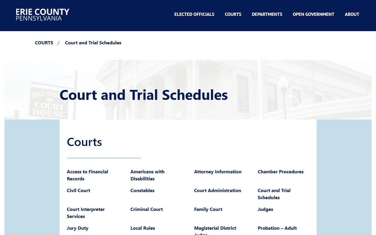 Erie County court and trial schedules for court records