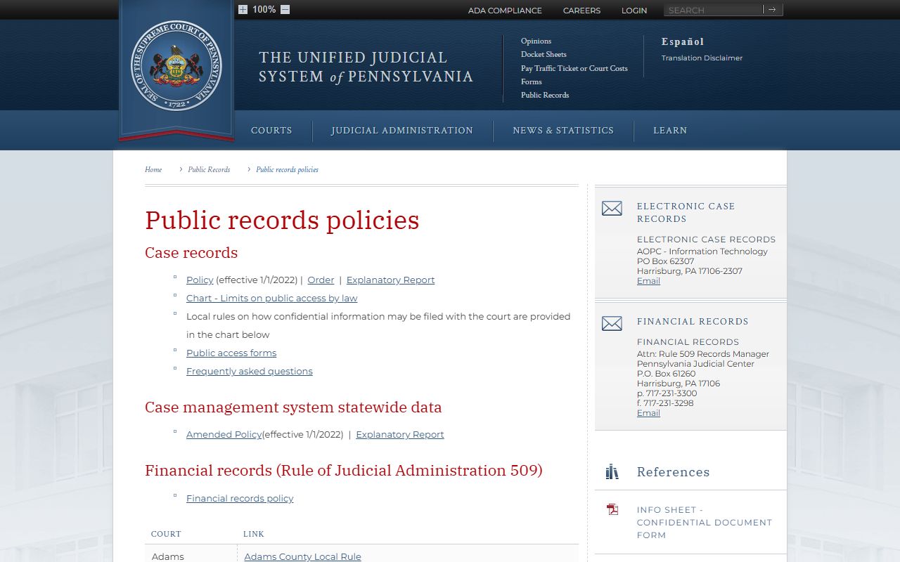 Pennsylvania public record policies for Erie County court records