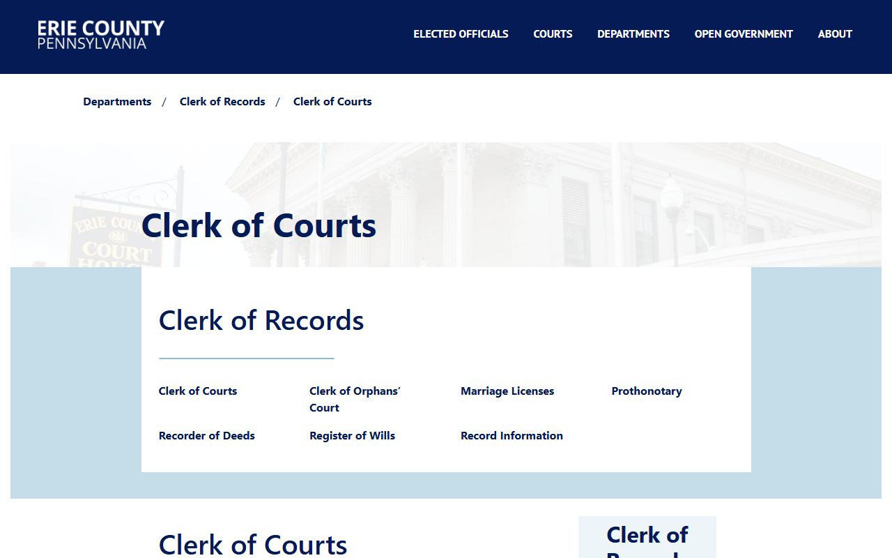 Erie County Clerk of Courts page for criminal records