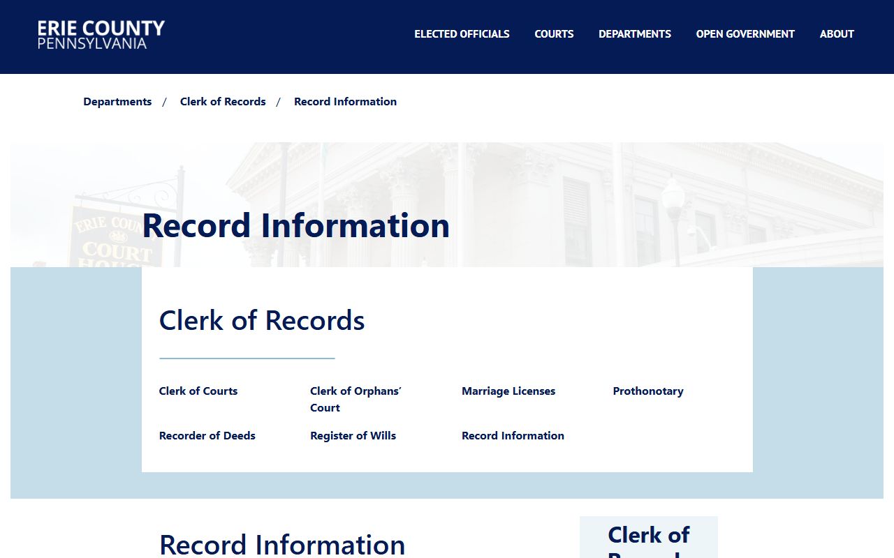 Erie County Clerk of Records record information page for civil records