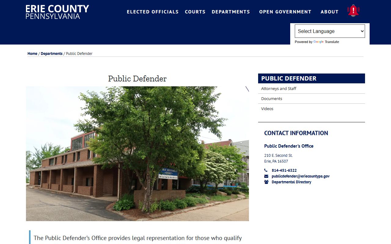 Erie County Public Defender page for criminal cases