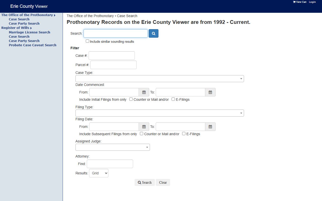 Erie County CourtPro landing page for civil court records
