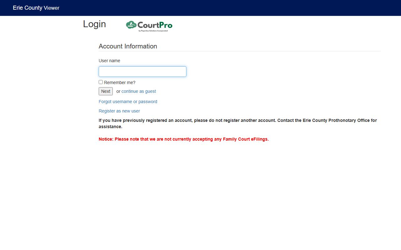Erie County CourtPro login and guest access for court records