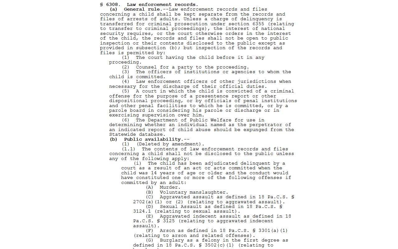 Pennsylvania juvenile law enforcement record statute for Erie County