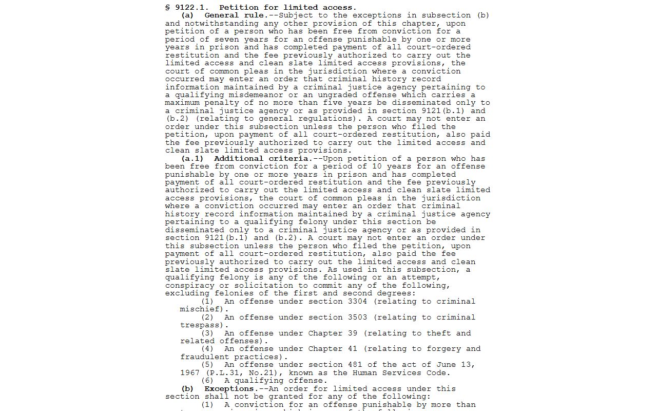 Pennsylvania limited access statute for Erie County criminal records