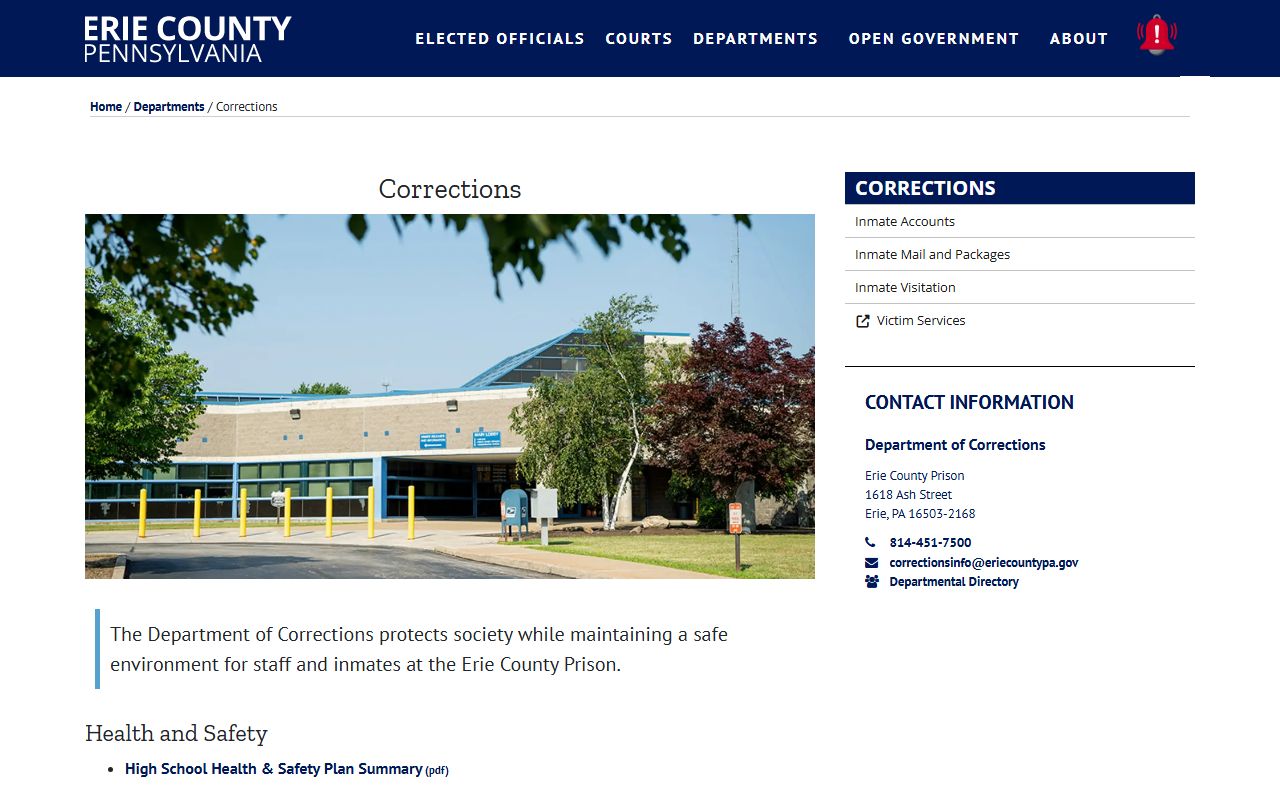 Erie County Corrections page for the inmate search and jail roster