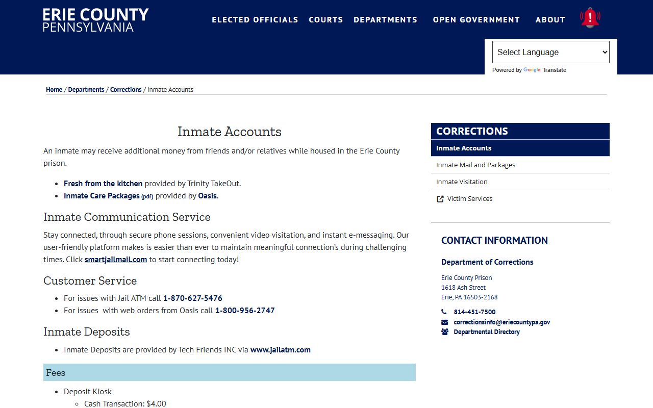 Erie County inmate accounts and commissary deposit fees