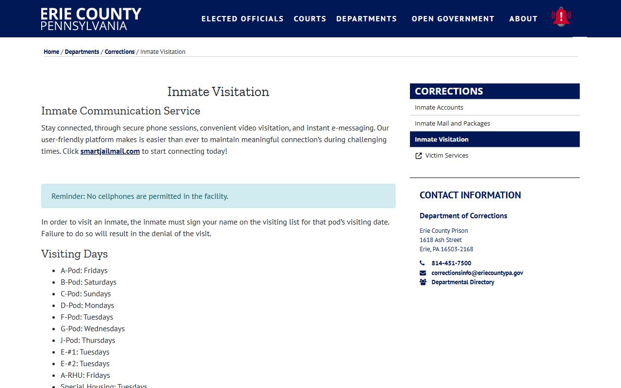 Erie County inmate visitation rules and pod schedule