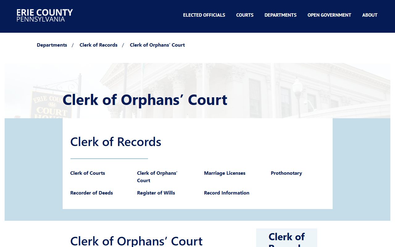 Erie County Clerk of Orphans' Court page for probate records