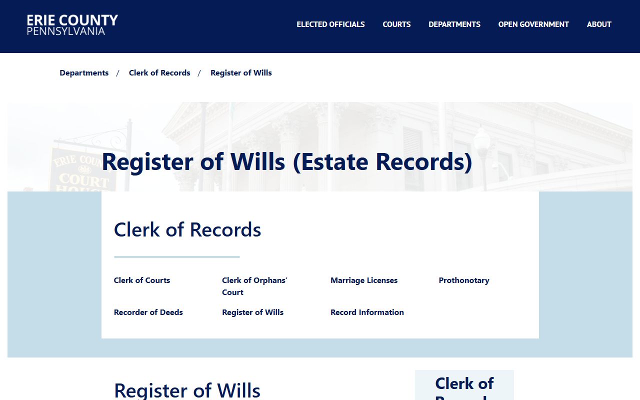 Erie County Register of Wills page for probate records