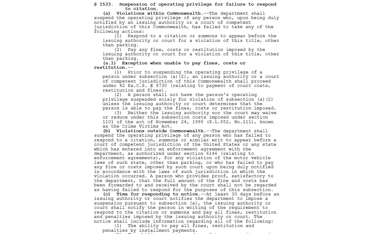 Pennsylvania failure to respond traffic statute for Erie County